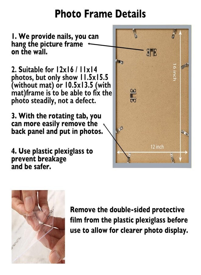 JCJMY 12x16 Picture Frame Rustic White with 11x14 Mat, Display Photo 11x14 with Mat or 12 x 16 Without Mat, Wall Hanging Large Frame with Plexiglass, Rustic White - Image 4